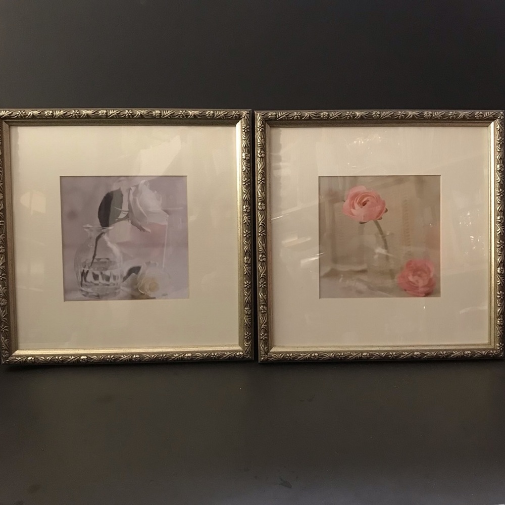 Lot of 2 metallic bronze framed ROSE print pictures